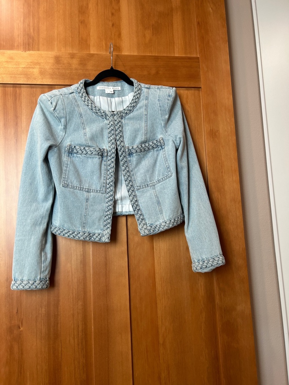 Veronica Beard Light Blue Braided-Trim Denim Jacket Arrowe